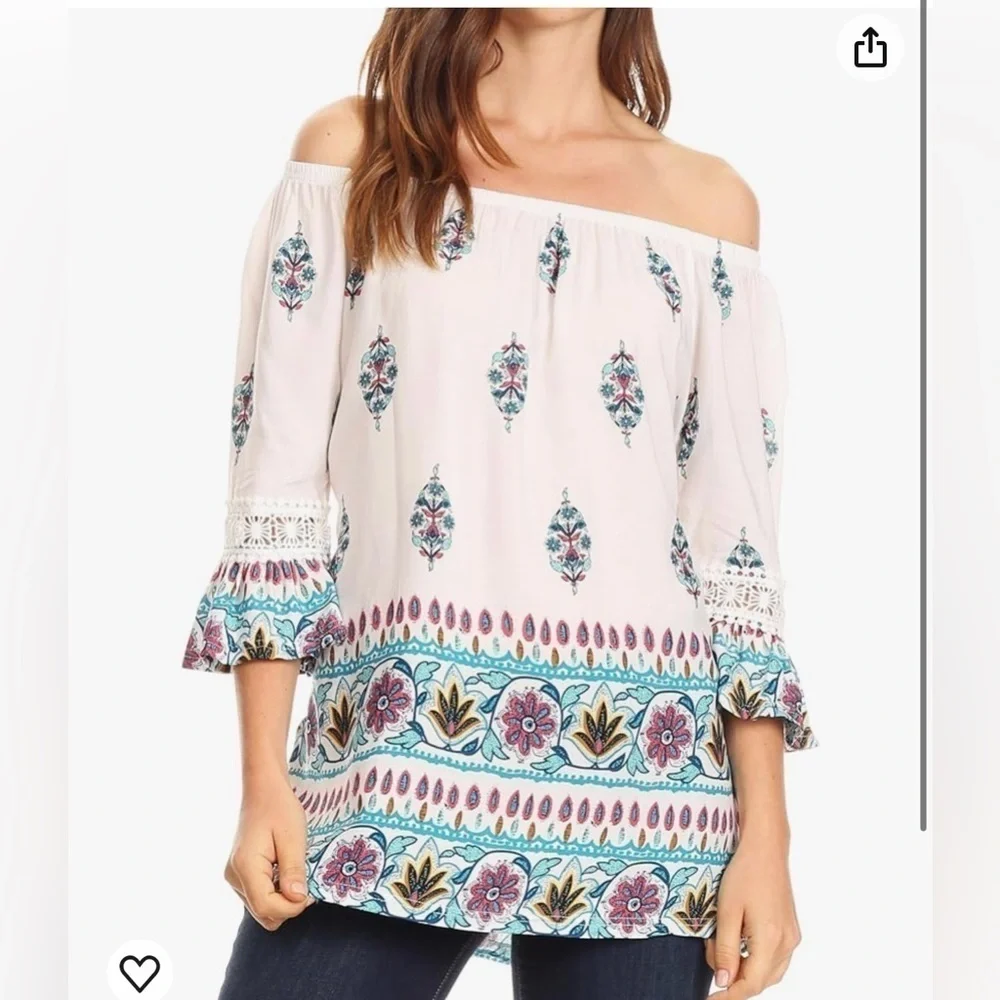 NWT Licia Peasant Boho Blouse Floral Paisley with Crochet Lace - Picture 2 of 12